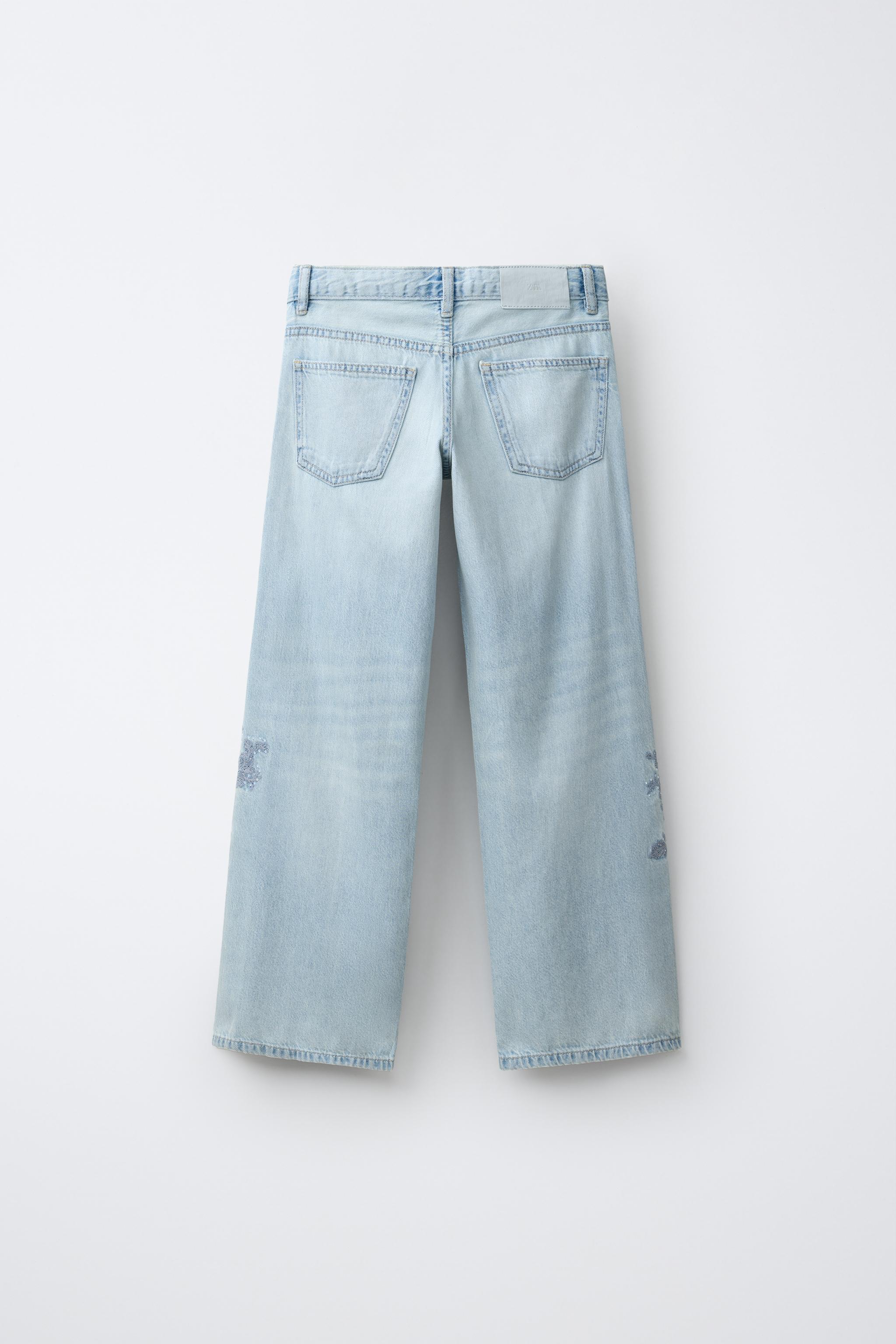 RHINESTONE EMBROIDERED FLORAL WIDE LEG JEANS